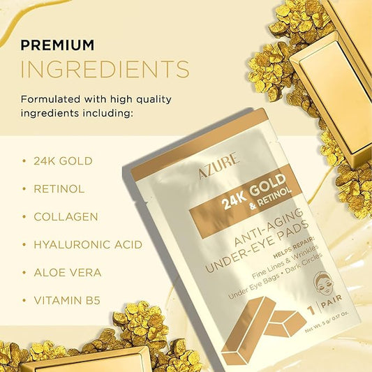 AZURE 24K Gold & Retinol Anti Aging Under Eye Patches - Firming, Restoring & Deeply Hydrating Eye Mask - Reduces Fine Lines, Wrinkles, Dark Circles & Puffiness - Skin Care Made in Korea - 10 Pairs