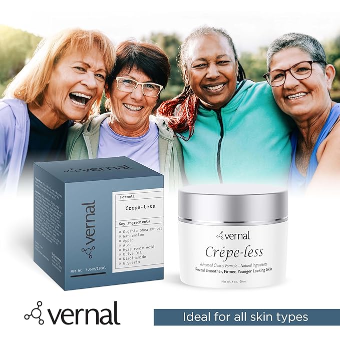Vernal Crepe-less crepey skin firming cream to reduce crepey arms, neck & hands. Organic tightening cream to reduce thin wrinkled skin on arms, neck and body. Made in USA (4 Oz)