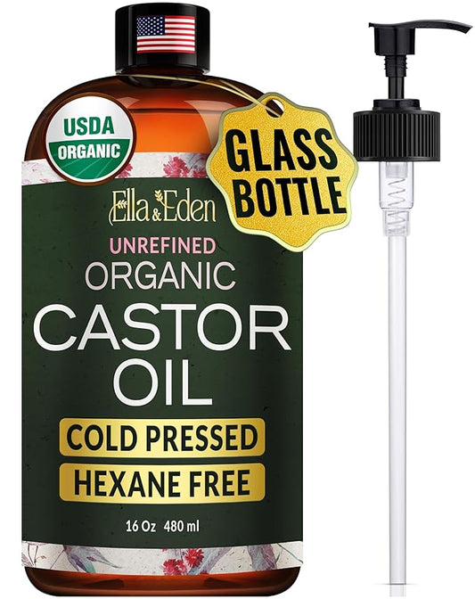 Ella & Eden Castor Oil Organic – Cold Pressed Hexane-Free Unrefined Glass Bottle | For Hair Growth, Face, Skin | USDA Certified 100% Pure – 16 Oz