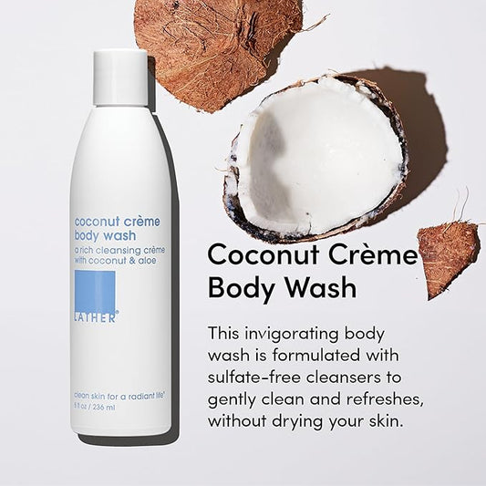 LATHER - Coconut Crème Natural Body Wash, 8 fl oz - Shower Gel Cleanser - Gentle Body Soap - Essential Oils - Coconut Oil, Aloe, Shea Butter - All Skin Types - Vegan, Cruelty Free - Beauty & Skincare