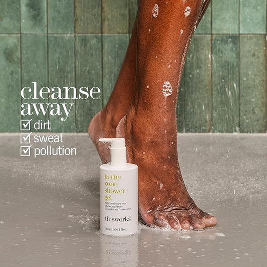 THISWORKS In The Zone Shower Gel | Refreshing Body Wash with Eucalyptus & Frankincense | Cleanses, Soothes, and Revitalizes Skin | Aromatherapeutic Formula, 10.1 oz / 300ml