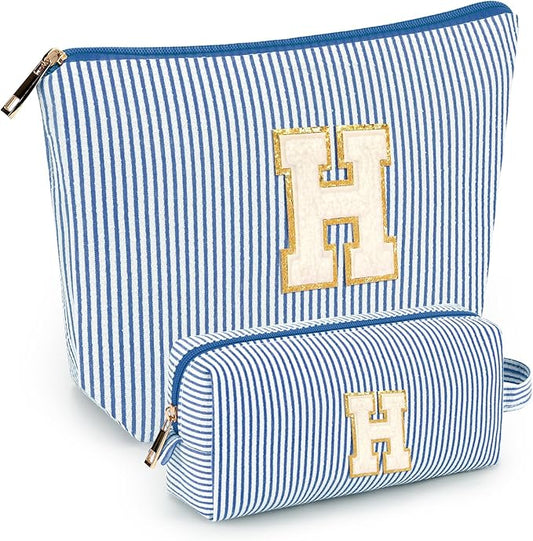 2 PCS Initial Makeup Bags for Women: Cosmetic Bag for Travel Toiletry - Birthday Gifts for 11 12 13 14 15 16 17 18 Years Old Girl Graduation Teacher Gift- Teen Girl Gifts Trendy Stuff - Blue H