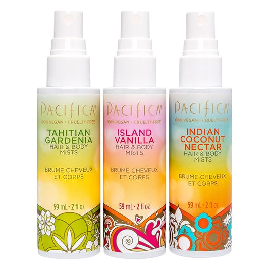 Pacifica Beauty Mini Fragrance Sampler, 3 Island Vanilla Scents - Hair Perfume & Body Spray Gift Set, Vegan & Cruelty Free