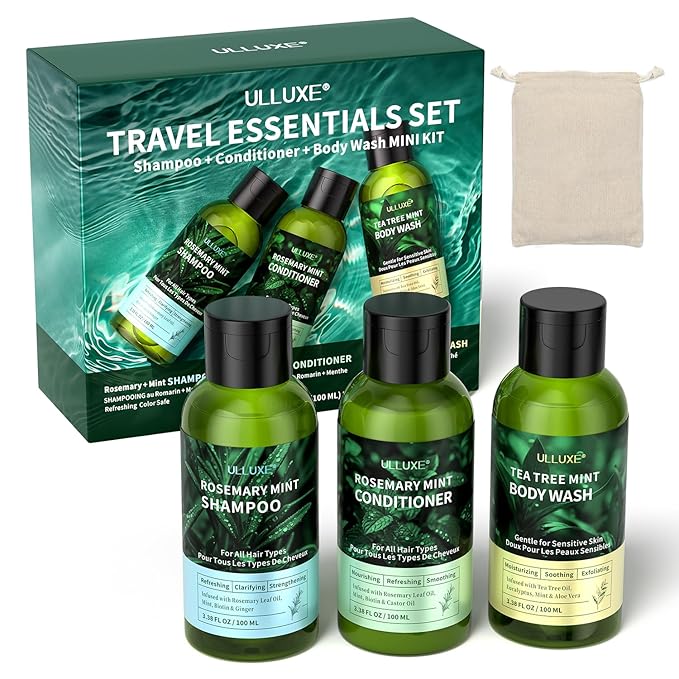 Travel Shampoo Conditioner and Body Wash Gift Set Trio, Travel Size Hair Care & Body Care for Trip, Outdoor, Camping, Hotel & Gyms, Anti-Dandruff, Nourish, Gentle For Baby, 3.38 Oz Travel Size Bottles