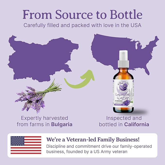 Bella Terra Oils - Lavender Water Spray 8 oz - Steam-Distilled Perfection, Bursting with Vitamin K & Omega-9, Elevate Your Skin Refreshment Routine