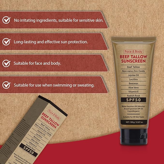 Beef Tallow Sunscreen for Face & Body - Natural Reef Safe Sunblock, Non Greasy Clean Formula, Travel-Friendly Summer Outdoor Sun Protection, 2.46 OZ