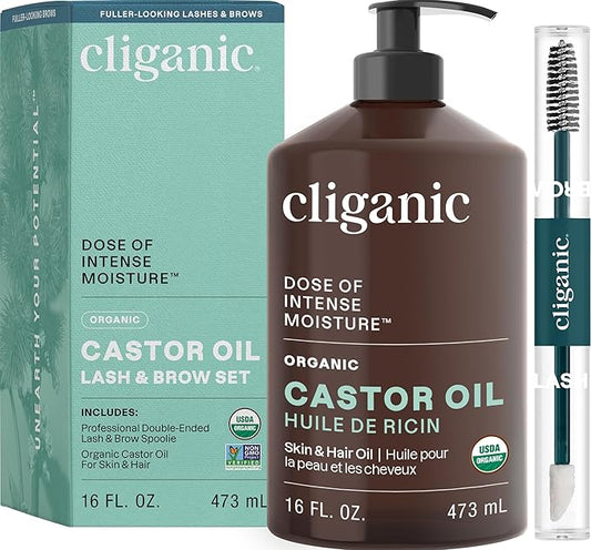 Cliganic Organic Castor Oil, 100% Pure (16oz with Eyelash Kit) - For Eyelashes, Eyebrows, Hair & Skin | Bulk, Natural Cold Pressed Unrefined Hexane-Free | DIY Carrier Oil