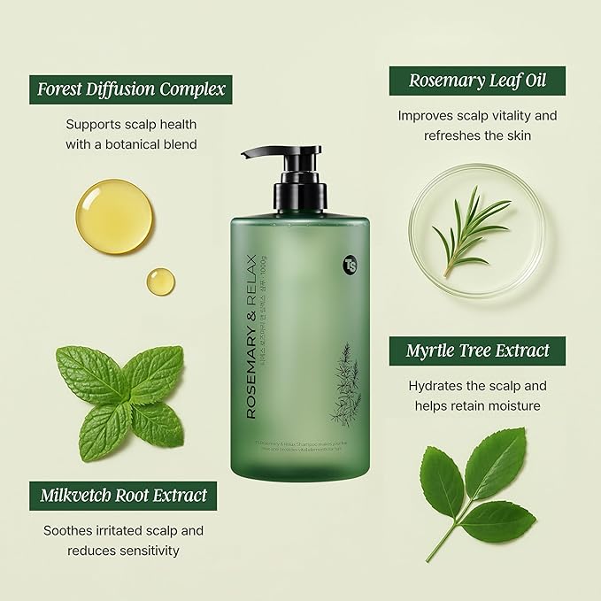 TS Rosemary & Relax Shampoo (1000g) Hydrating & Calming | Natural Ingredients | Sulfate-Free | Korean Shampoo