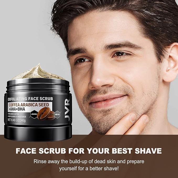 Face Scrub for Men, Facial Scrub for Deep Exfoliating, Cleansing, Removing Blackheads, Ingrown Hairs, Pre-shave Soften, Organic Formulated with Coffee Extract, AHA and BHA Face Exfoliator (8.46 oz)
