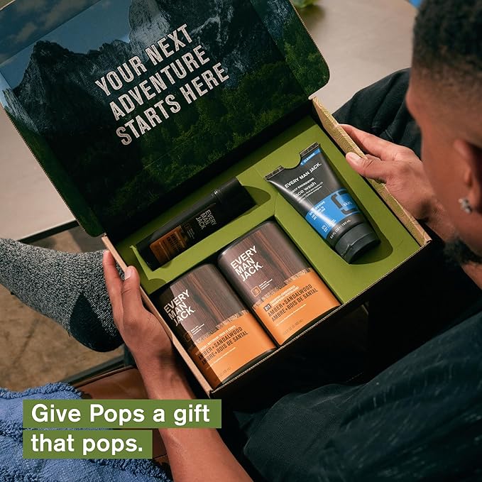 Every Man Jack Men’s Amber + Sandalwood Bath and Body Gift Set - Clean Ingredients & Sandalwood, Amber, and Vetiver scent - Round Out His Routine with Body Wash, 2-in-1 Shampoo, Deodorant & Face Wash