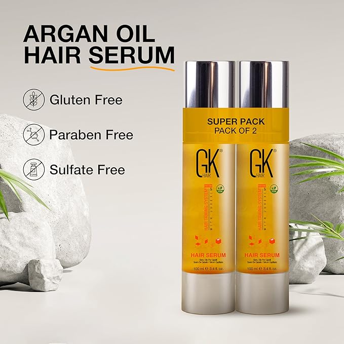 GK HAIR Global Keratin 100% Organic Argan Oil Anti Frizz Hair Serum Pack of 2 (3.4 Fl Oz/100ml) Styling Smoothing Strengthening Hydrating & Nourishing Heat Protection Shine For Frizzy Dry Damaged Hair