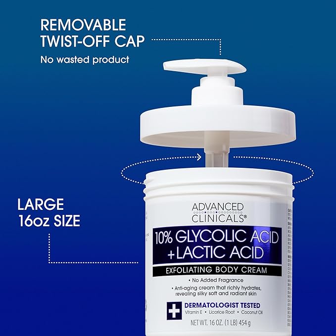 Advanced Clinicals 10% Glycolic Acid + Lactic Acid Lotion Exfoliant Moisturizing Cream With Hyaluronic Acid Moisturizer | AHA Exfoliating Body Cream Improves Look Of Uneven Rough Skin Texture, 2-Pack