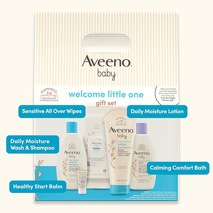 Aveeno Baby Welcome Little One Gift Set, Skincare Set with Nourishing Body Wash & Shampoo, Calming Bath Wash, All Over Wipes, Daily Moisturizing Lotion, & Balm, 5 Items