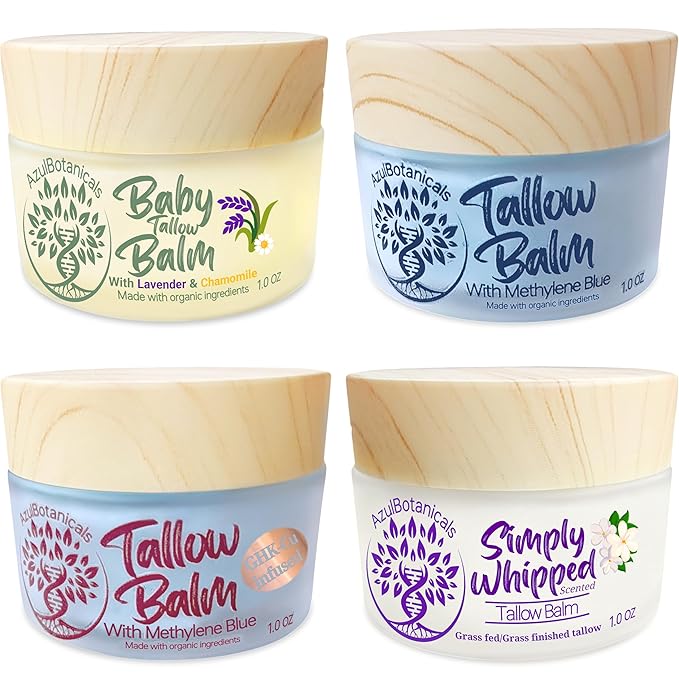 Sample Our Products 1 oz (30g) each sample, Methylene Blue Whipped Tallow, GHK-Cu Copper and Methylene Blue Infused Tallow, Baby Tallow Balm, Simply Whipped Tallow Balm Variety 1 Ounce (Pack of 4)