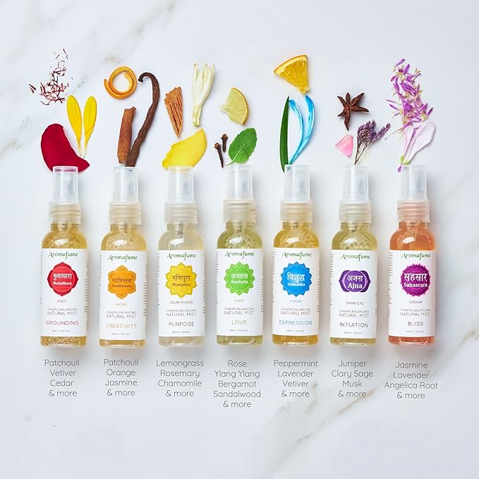 Aromafume 7 Chakra Natural Mist Gift Set 7x 50ml/1.7 fl oz | Aromatherapy Sprays for Meditation, Chakra Balance | Yoga & Reiki Gifts | Essential Oil Spray Set for Solar Plexus, Root Chakra & more