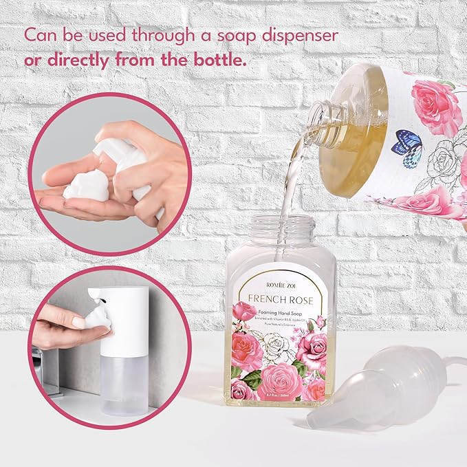 Rose Foaming Hand Soap Refill Gift Set – 3 Pack (33.8 Fl Oz Each) with Refillable Dispenser, Romantic Floral Scent, Moisturizing & Biodegradable for Bathroom, Kitchen, Sensitive Skin