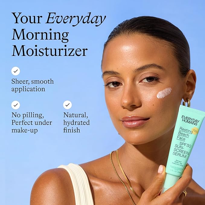 Everyday Humans SPF30 Resting Beach Face Sunscreen Serum for Women, 1.7oz PA +++ | Sheer, Light Glow Finish with Hyaluronic Acid | Make-Up Primer Face SPF Moisturizer For All Skin Types