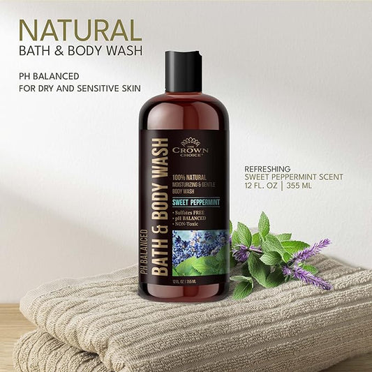 Natural Body Wash for Women, Men & Kids - Peppermint & Lavender - 12oz pH 5.5-Best pH Balance-Liquid Soap for All Skin Types-Moisturizing Sulfate & Chemical Free Shower / Bath Liquid Gel (2 Packs)