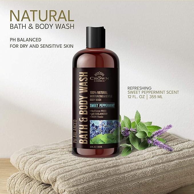 Natural Body Wash for Women, Men & Kids - Peppermint & Lavender - 12oz pH 5.5-Best pH Balance-Liquid Soap for All Skin Types-Moisturizing Sulfate & Chemical Free Shower / Bath Liquid Gel (1 PK)