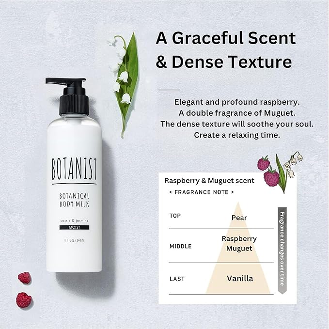 Botanist Shea Butter Body Lotion for Women, Dry Skin Moisturizer for Sensitive Skin by Argan Oil & Squalane, Full Body Moisturizer & Natural Body Lotion from Japan, MOIST, Cassis & Jasmine, 8.1 Fl Oz