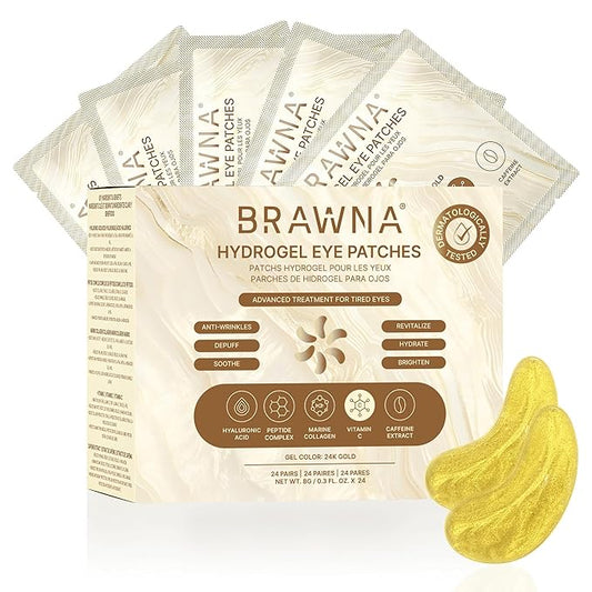 BRAWNA Under Eye Patches – Hydrogel Masks with Vitamin C, Caffeine & Collagen – For Dark Circles, Puffy Eyes, Wrinkles & Tired Skin – 24K Gold Skincare – 24 Pairs
