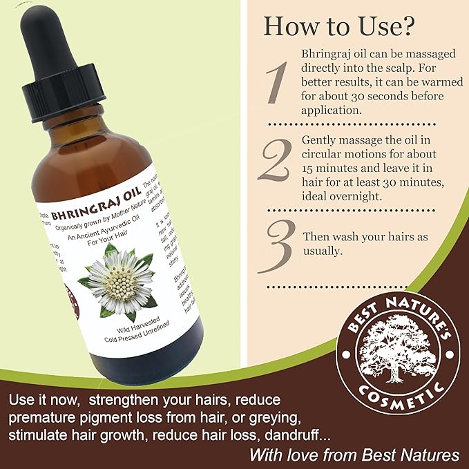 Best Nature's Bhringraj Oil – Pure Indian Eclipta Alba Oil for Hair Growth, Dandruff & Early Graying – Natural Scalp Cleanser – Hello Luminous, Shiny Hair – 2 fl oz