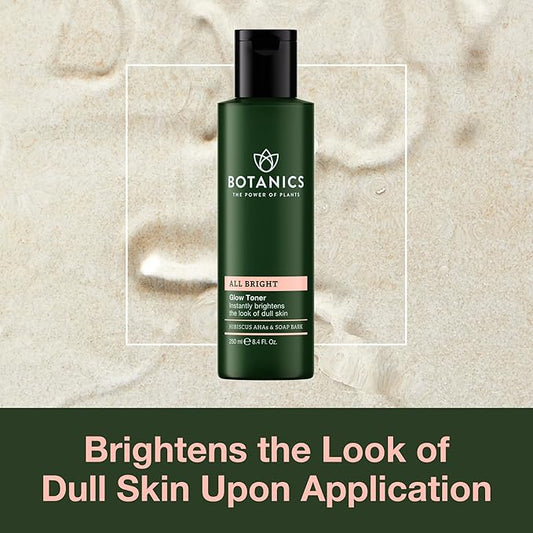 Botanics All Bright Glow Toner for Face - Enriched with Hibiscus AHA Exfoliant & Soap Bark - Non-Drying & Brightening - Vegan and Cruelty-Free Face Toner for Women & Men (8.4 Fl Oz)