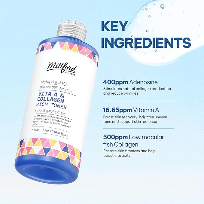 Vita A & Collagen Rich Toner 6.76 Oz, 200ml, Fish/Marine Collagen, Slow-Aging Moisturizing Toner, Vitamin A Retinol, Wrinkles, Fine Lines, Anti-Aging, Retinyl Palmitate, Korean Skincare