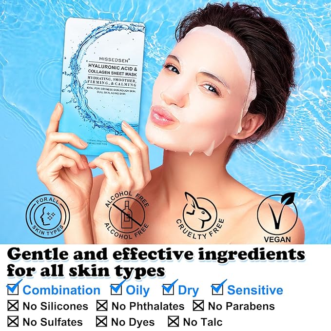 Collagen Face Mask with Hyaluronic Acid, Vitamin E Oil for Skin Care Hydrating, Moisturizing, Brightening & Anti Aging Face Masks Skincare for Oil, Dry, Acne, Sensitive All Skin Types 12PCS