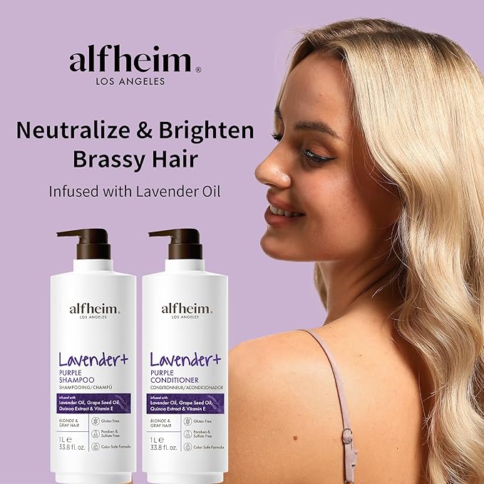 Alfheim Lavender+ Purple Shampoo & Conditioner Set | Neutralize Brassiness & Enhance Cool Tone for Platinum, Silver ＆ Blonde Hair | Anti Brass While Hydrating | Paraben-Free, Color-Safe | 33.8 oz Each