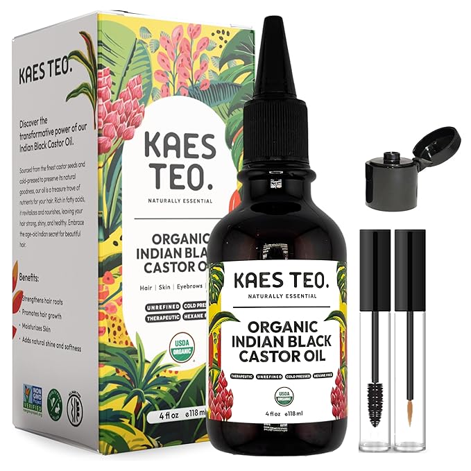 Organic Black Castor Ayurvedic Hair Oil Hexane Free, Boost Hair Growth, Not Jamaican Black Castor Oil, 100% Pure, Cold Pressed, USDA Certified, Skin, Nail, Scalp, Eyebrows & Lashes 4 fl oz