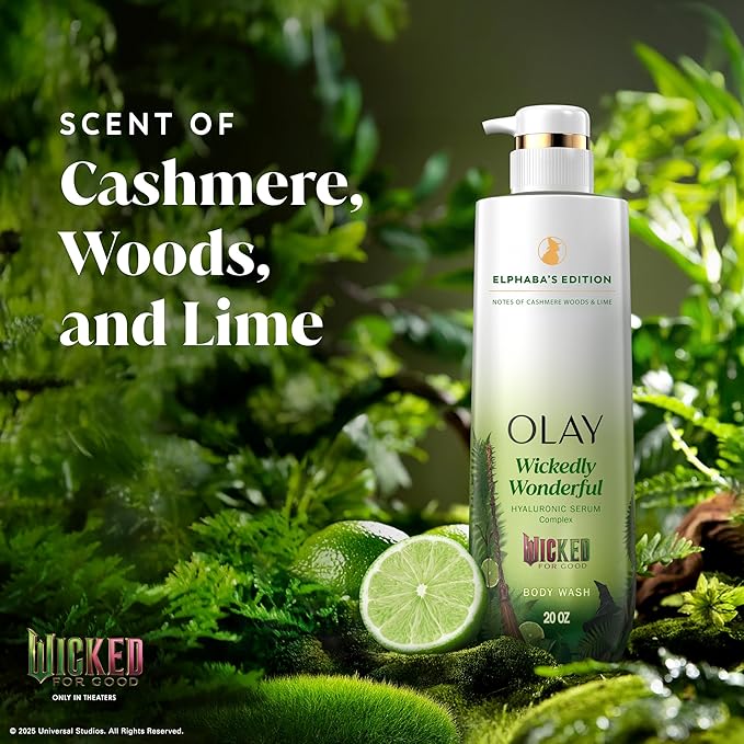Olay Body Wash for Women, Wickedly Wonderful Elphaba’s Edition, Intensely Hydrating & Renewing, Pro-Hyaluronic Acid Serum with Vitamin B3, For All Skin Types, Cashmere Woods & Lime Scent, 20 fl oz