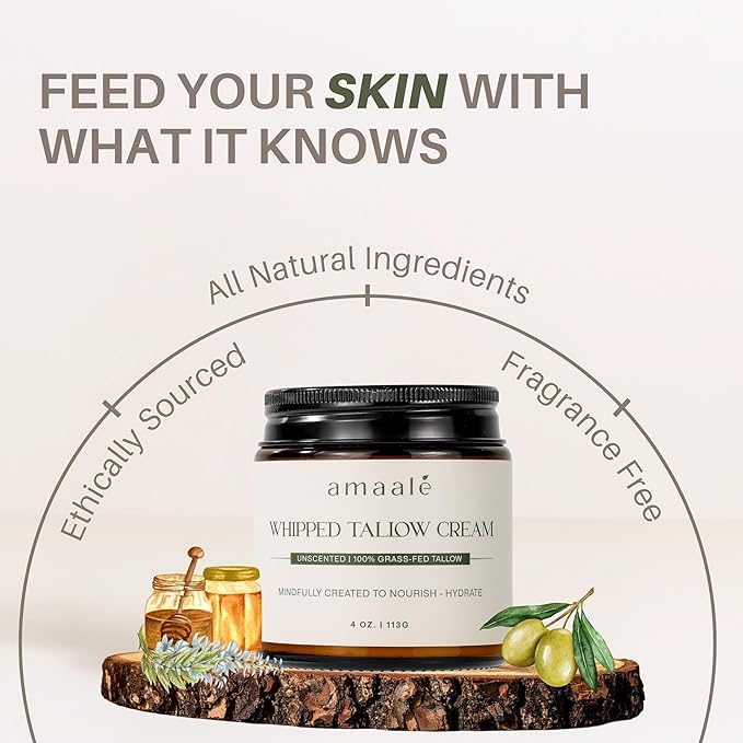 100% Grass-Fed Whipped Tallow Cream (Unscented) - Halal-Certified Beef Tallow with Organic Raw Honey & Cold-Pressed Olive Oil - Natural Face & Body Moisturizer for Dry, Sensitive Skin, 4 oz