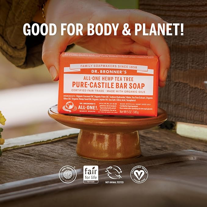 Dr. Bronner's Pure-Castile Magic Bar Soap (Tea Tree, 5 ounce, 6-Pack) - Made with Regenerative Organic Certified Oils, For Face, Body & Hair, Gentle, Vegan, Non-GMO