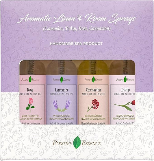 Linen and Room Spray Floral Gift Set, 4-Pack 60 mL (Lavender, Carnation, Rose, & Tulip) Natural Pillow Sprays Made with Pure Essential Oils & Minimal Ingredients, Bathroom Spray or Room Mist