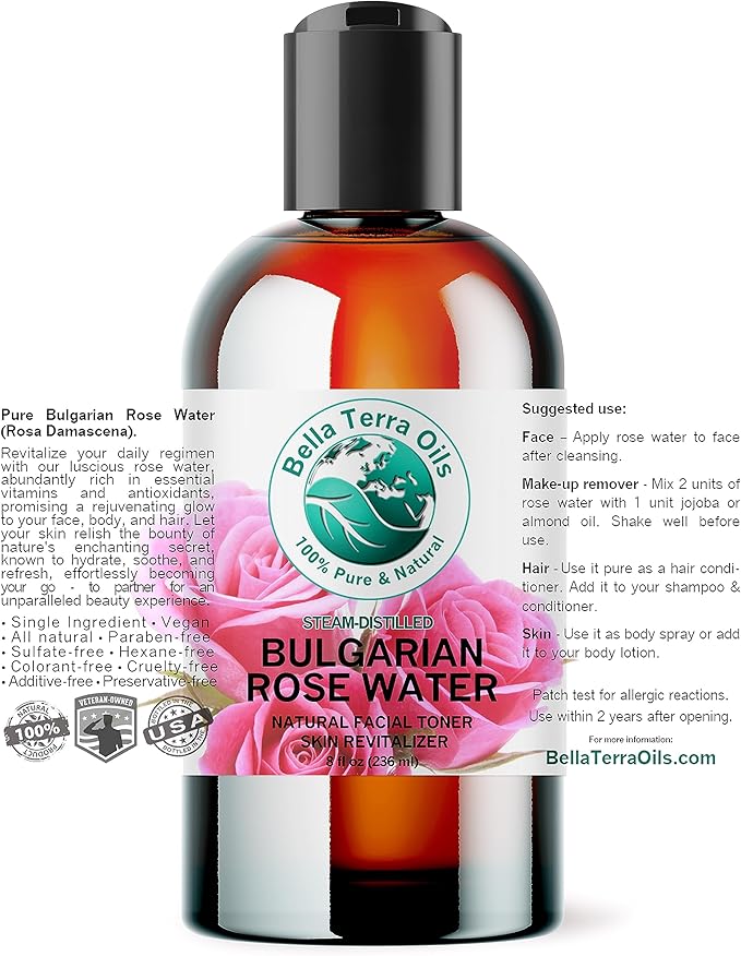 Bella Terra Oils - Organic Rose Water Spray 8 oz - Unveiling The Hydrosol of Roses, Nourishing Face and Hair, Rich in Rose Antioxidants