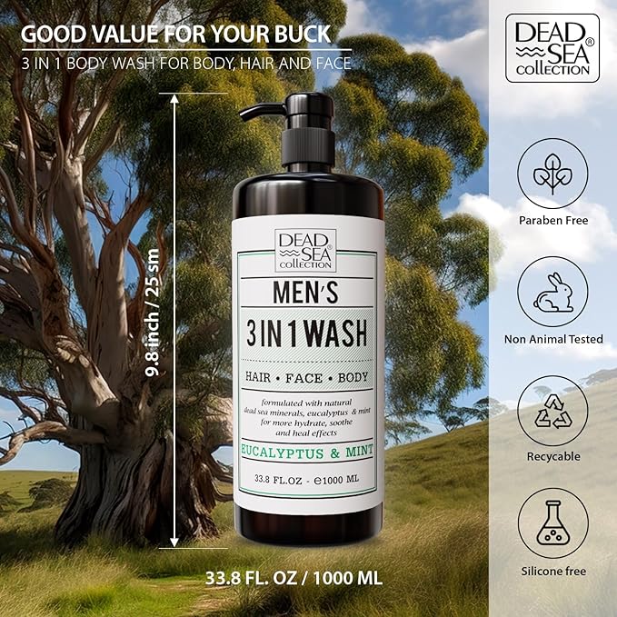 Dead Sea Collection Mens Body Wash 3 in 1 – Eucalyptus Body Wash for Men – Shower Gel – Shampoo – Shower Soap for Face and Hair (33.8 Fl. Oz)