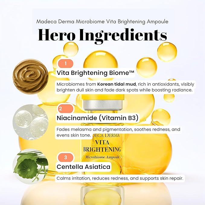 MADECA DERMA Vita Brightening Microbiome Ampoule – Brightening with Vitamins C & E, Hyaluronic Acid & Antioxidants, Korean Skincare for Radiant, Even Tone & Dark Spot Care (0.23 fl oz x 5 Bottles)
