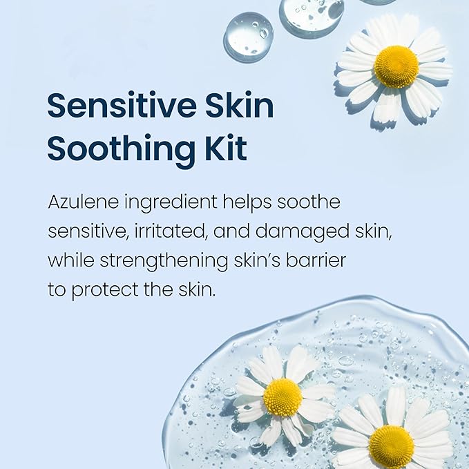 SURMEDIC AZULENE Soothing Trial Kit, Korean Skincare, Airplane-Friendly Travel Size Mini Set, Facitl Kit Gift for Women with Moisturizer, Cleanser, Toner, Ampoule, Cream