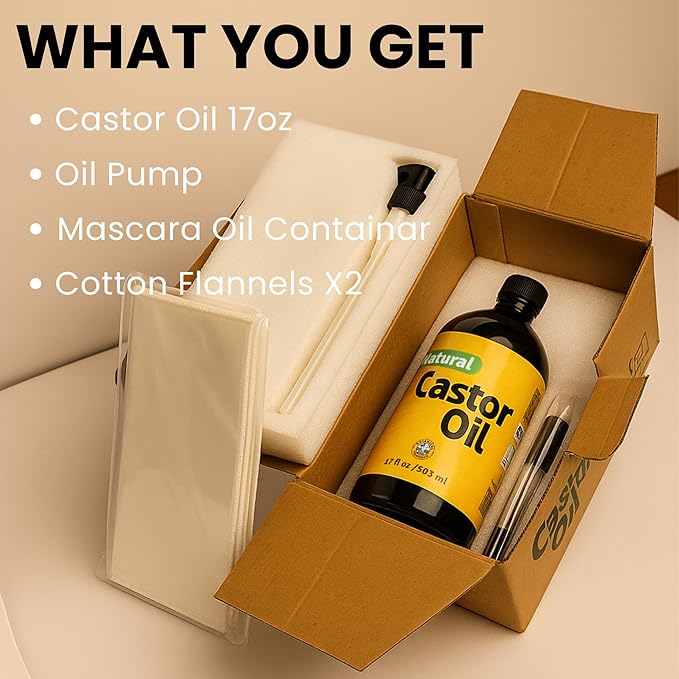 Organic Castor Oil (17 oz) Glass Bottle-100% Pure, Cold-Pressed, Hexane-Free, with 2 Resuable Organic Cotton Flannel Pack Wraps and Mascara Container for Skin, Hair, Eyelash's Eyebrow's & Body