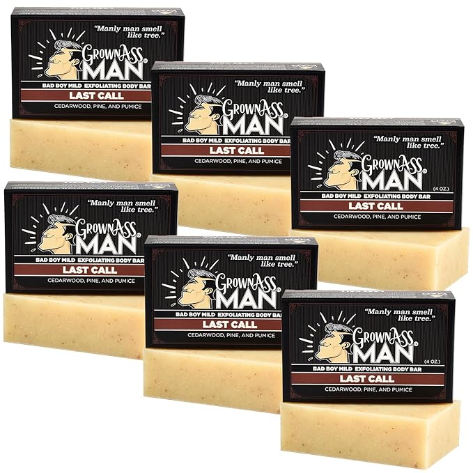 Grown Ass Man Co. Exfoliating Body Bars - Solid Soap with Natural Oils & Gentle Scrub - Plastic Free & Eco-Friendly, Natural & Organic for All Skin Types, 4oz Bar - Last Call - Mild Exfoliant, 6-Pack