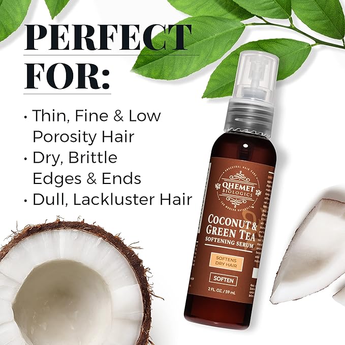 Qhemet Biologics Coconut & Green Tea Softening Serum - Lightweight Hair Serum to Soften, Smooth & Revitalize Dry Hair - Adds Slip and Shine to Thin, Fine, Low Porosity Strands (2 oz)