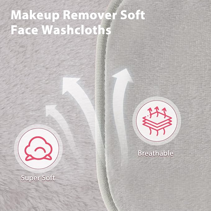Makeup Remover Cloth, 6" x 6" Make Up Towels Reusable Face Cloth for Washing Face, 12 Pack Makeup Remover Pads Microfiber Face Washcloth with Mesh Bag, Light Grey