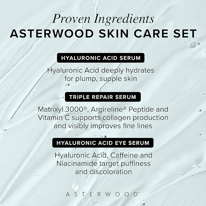 Asterwood Skin Care Set - with Hyaluronic Acid & Triple Repair Serums, Under Eye Serum - Skincare Essentials - Hydrating, Moisturzing, Anti-Aging - Fragrance-Free