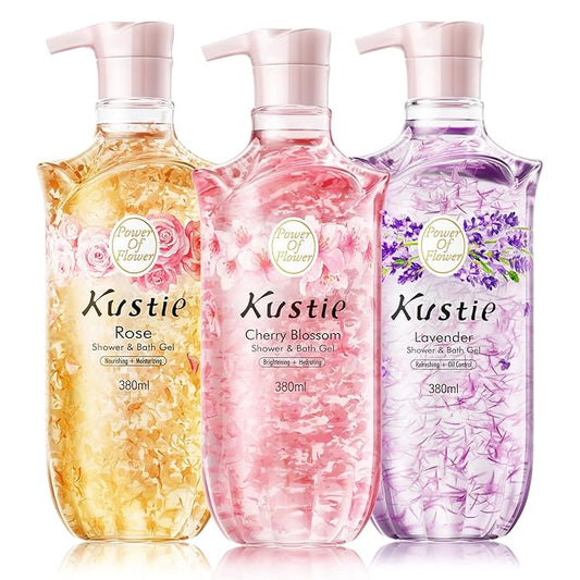Kustie Real Flower Petal Perfume Body Wash with Essential Oils, 24H Fragrance & Deep Moisturizing Cleanse Shower Gel for Sensitive & Dry Skin with Pump Bottle, 12.8 fl oz, 3-Pack