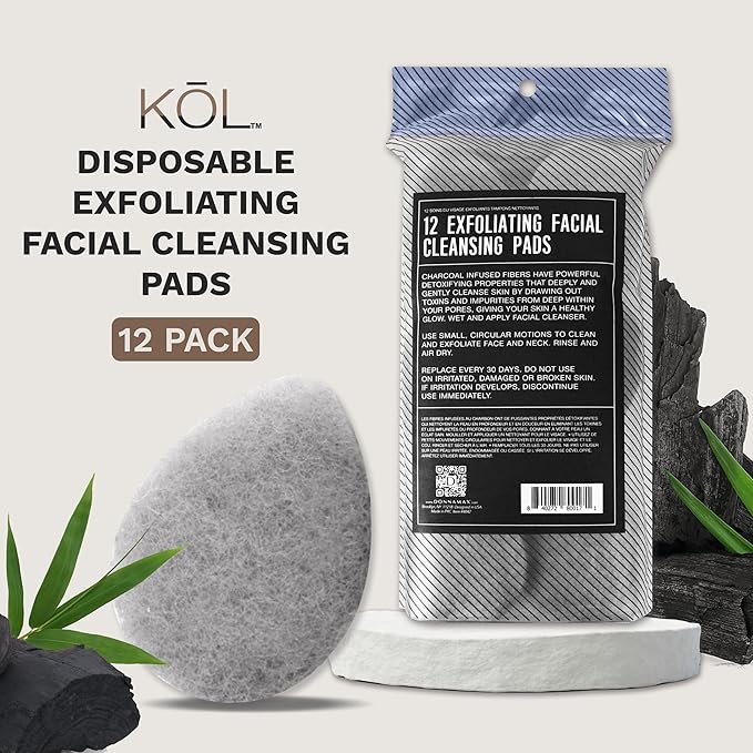 KOL Face Scrubber, Charcoal Infused Exfoliating Facial Cleansing Pads, Disposable Exfoliator Face Sponge for Daily Cleaning and Makeup Removal, 12 Count