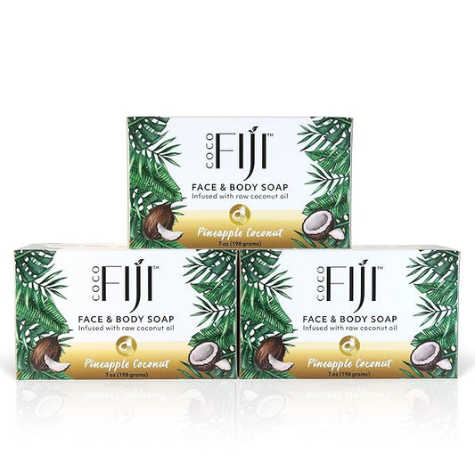 "Coco Fiji Soap Bar for Face and Body Infused With Organic Coconut Oil, Pineapple Coconut Essential Oil, Natural Soap for Moisturizing & Pore Purifying Skin, 7 oz, Pack Of 3 "