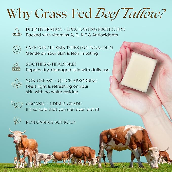 Beef Tallow Soap Bar Grass Fed – Organic Body Soaps, Face Tallow Soap Bar for Women – All Natural Soaps for Sensitive Skin, Moisturizing & Nourishing Cleanser for All Skin Types, In Unscented