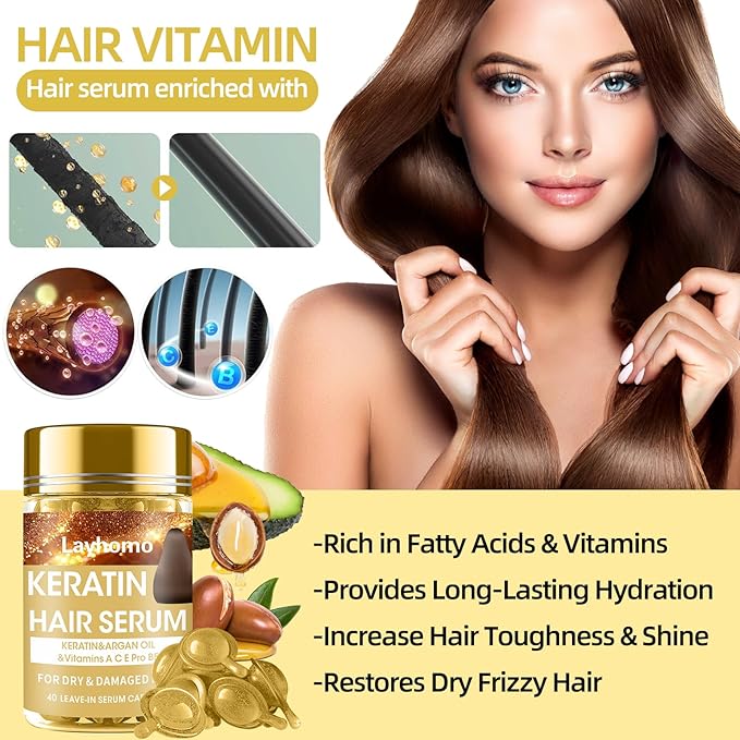 Keratin Hair Treatment Serum,Hair Oil Treatment for Dry Damaged Hair,Hair Oil Capsules with Keratin,Argan Oil-Leave-in Anti Frizz Conditioner with Vitamins A, C, E & B5- No Rinse for All Hair Types
