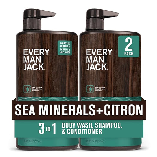 Every Man Jack Sea Minerals + Citron Hydrating Mens 3-in-1 All Over Wash for All Skin and Hair Types - Body Wash, Shampoo and Conditioner with Naturally Derived Ingredients - 28.8oz (2 Pack)